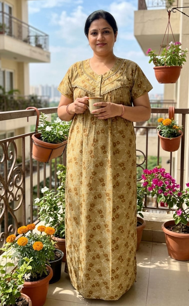 Brown Tiny Flora Soft Cotton Nighty. Soft Breathable Fabric | Laces and Frills