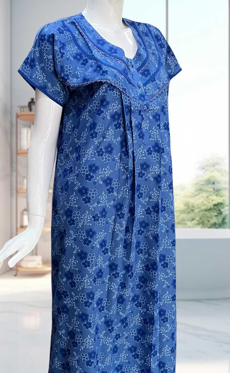 Blue Tiny Flora Soft Cotton Nighty. Soft Breathable Fabric | Laces and Frills - Laces and Frills