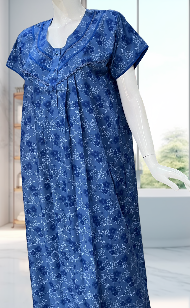 Blue Tiny Flora Soft Cotton Nighty. Soft Breathable Fabric | Laces and Frills - Laces and Frills