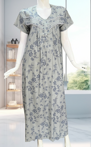 Grey Floral Soft Cotton Nighty. Soft Breathable Fabric | Laces and Frills - Laces and Frills