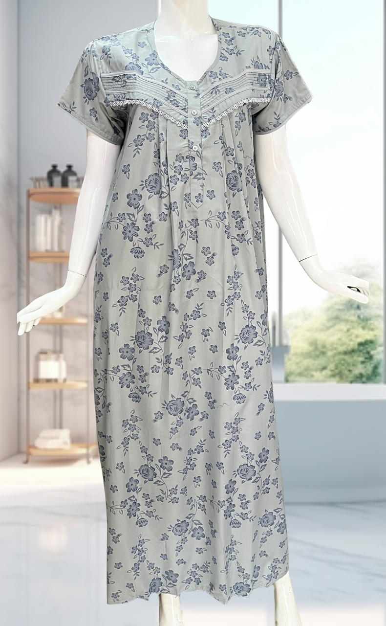 Grey Floral Soft Cotton Nighty. Soft Breathable Fabric | Laces and Frills - Laces and Frills