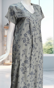 Grey Floral Soft Cotton Nighty. Soft Breathable Fabric | Laces and Frills - Laces and Frills