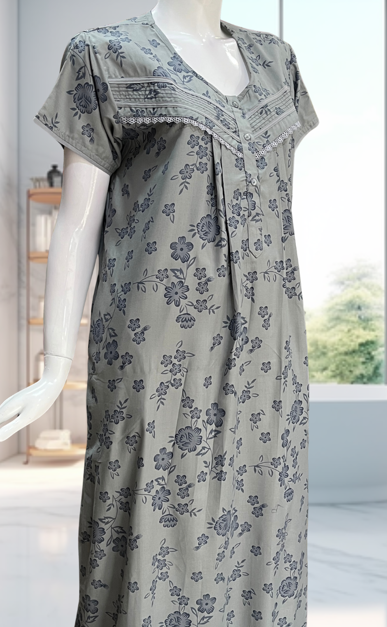 Grey Floral Soft Cotton Nighty. Soft Breathable Fabric | Laces and Frills - Laces and Frills