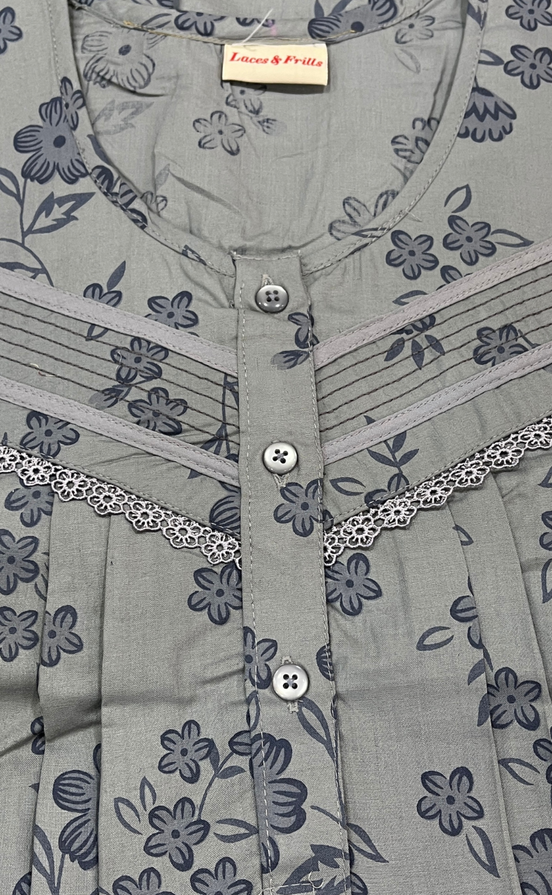 Grey Floral Soft Cotton Nighty. Soft Breathable Fabric | Laces and Frills - Laces and Frills