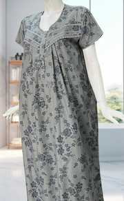 Grey Floral Soft Cotton Nighty. Soft Breathable Fabric | Laces and Frills - Laces and Frills