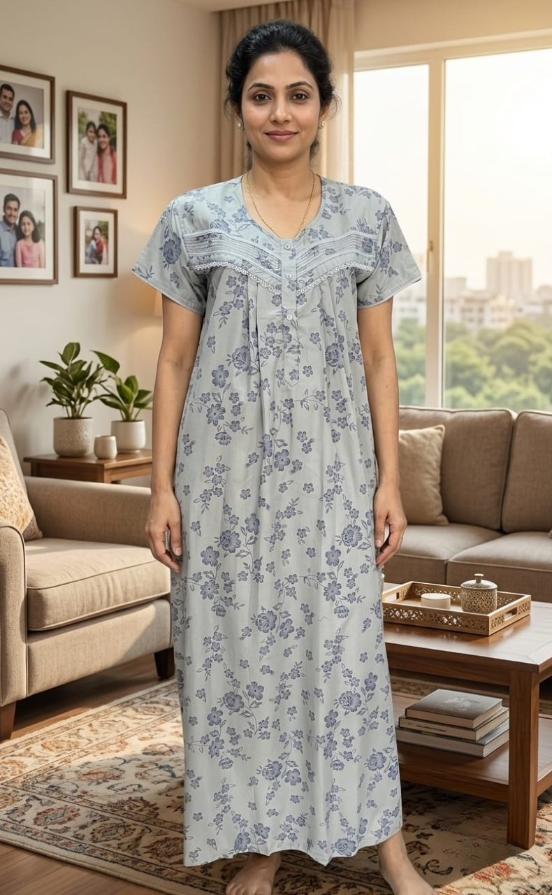 Grey Floral Soft Cotton Nighty. Soft Breathable Fabric | Laces and Frills