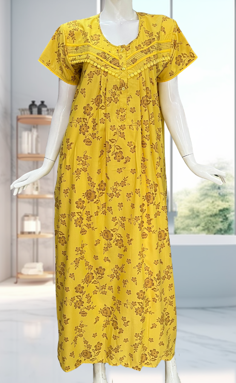 Yellow Floral Soft Cotton Nighty. Soft Breathable Fabric | Laces and Frills - Laces and Frills