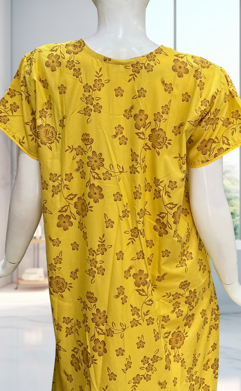 Yellow Floral Soft Cotton Nighty. Soft Breathable Fabric | Laces and Frills - Laces and Frills