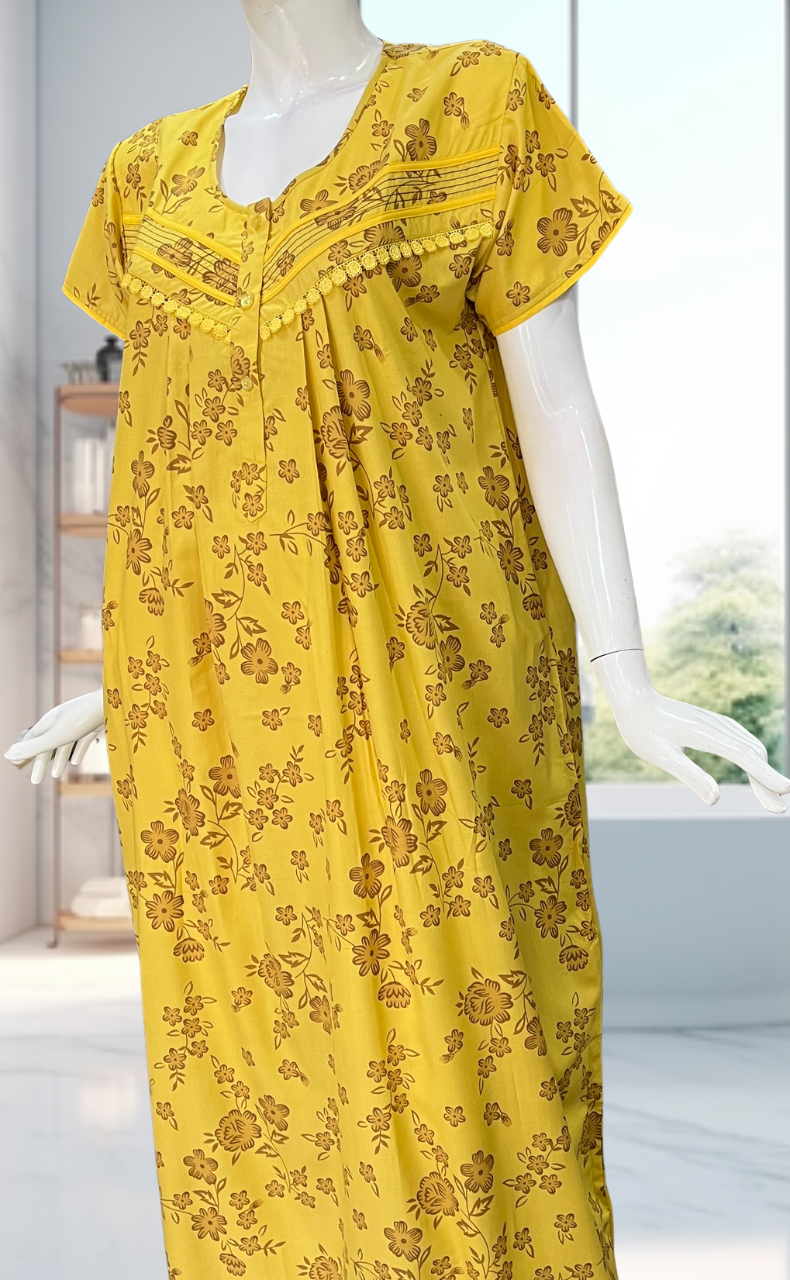 Yellow Floral Soft Cotton Nighty. Soft Breathable Fabric | Laces and Frills - Laces and Frills
