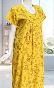 Yellow Floral Soft Cotton Nighty. Soft Breathable Fabric | Laces and Frills - Laces and Frills