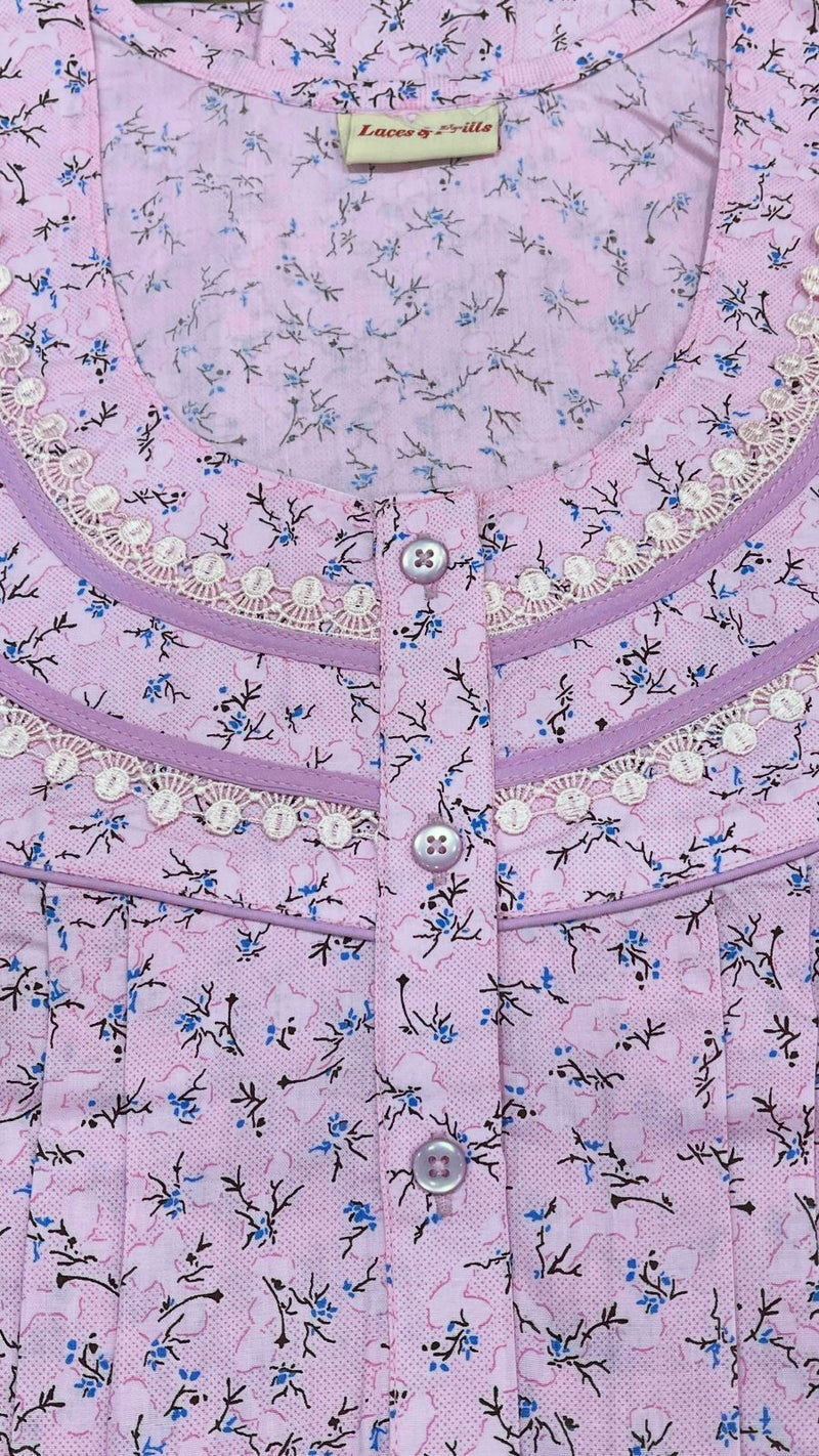 Baby Pink Floral Soft Cotton Nighty. Soft Breathable Fabric | Laces and Frills - Laces and Frills