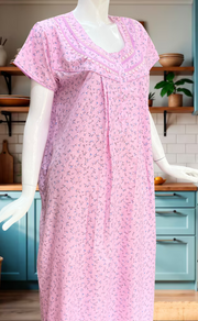 Baby Pink Floral Soft Cotton Nighty. Soft Breathable Fabric | Laces and Frills - Laces and Frills