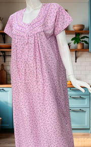 Baby Pink Floral Soft Cotton Nighty. Soft Breathable Fabric | Laces and Frills - Laces and Frills
