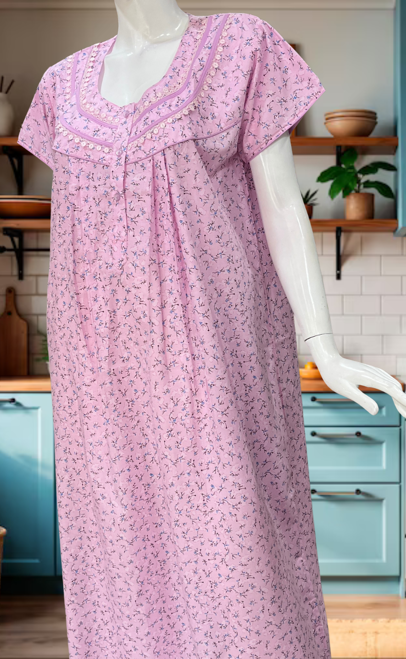 Baby Pink Floral Soft Cotton Nighty. Soft Breathable Fabric | Laces and Frills - Laces and Frills