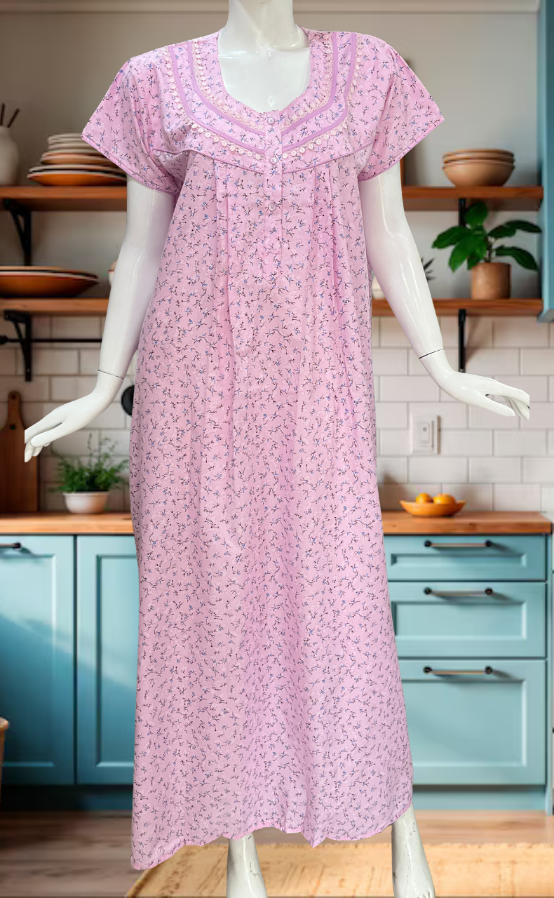 Baby Pink Floral Soft Cotton Nighty. Soft Breathable Fabric | Laces and Frills - Laces and Frills