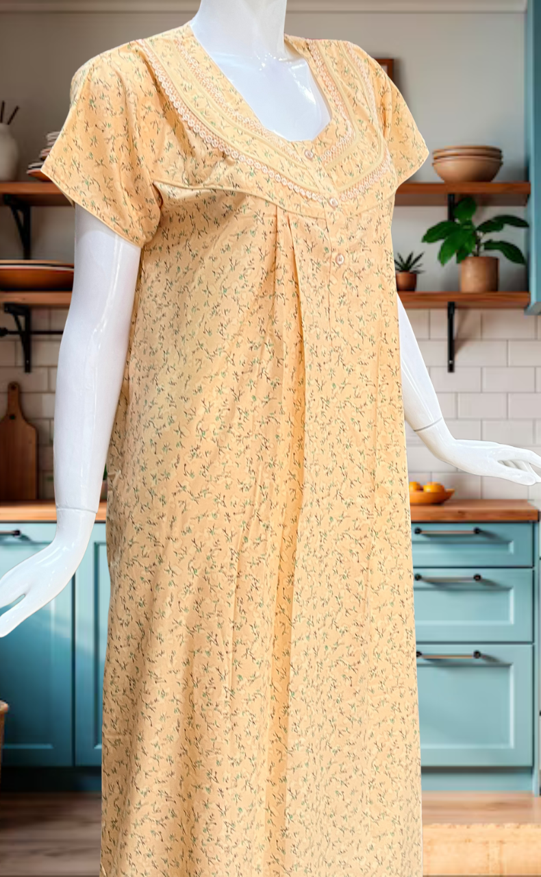 Peach Floral Soft Cotton Nighty. Soft Breathable Fabric | Laces and Frills - Laces and Frills