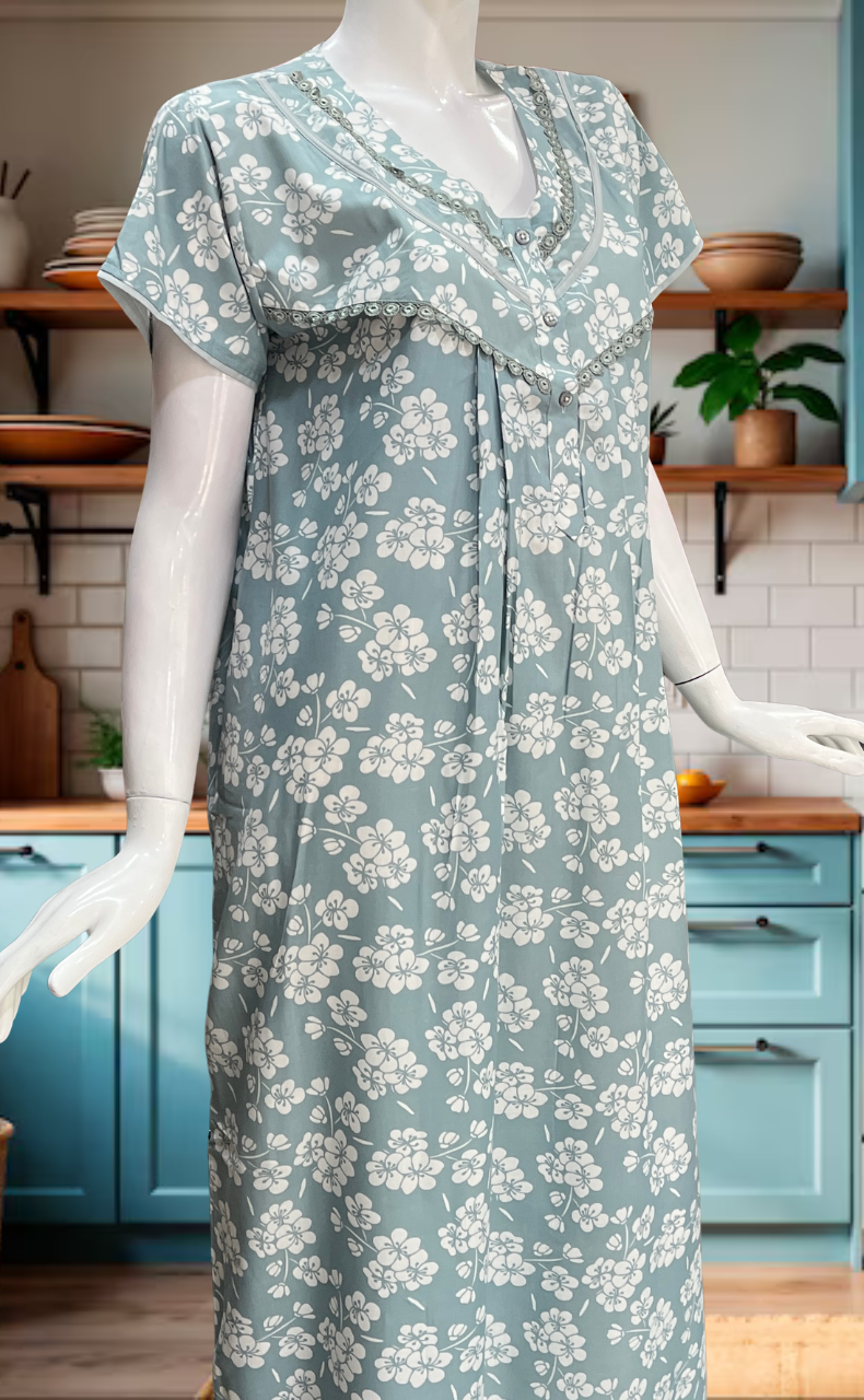 Light Grey Floral Soft Cotton Nighty. Soft Breathable Fabric | Laces and Frills - Laces and Frills