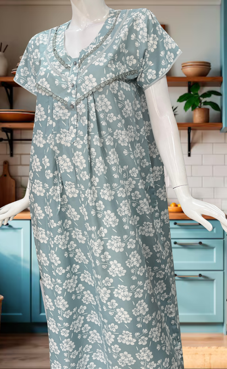 Light Grey Floral Soft Cotton Nighty. Soft Breathable Fabric | Laces and Frills - Laces and Frills