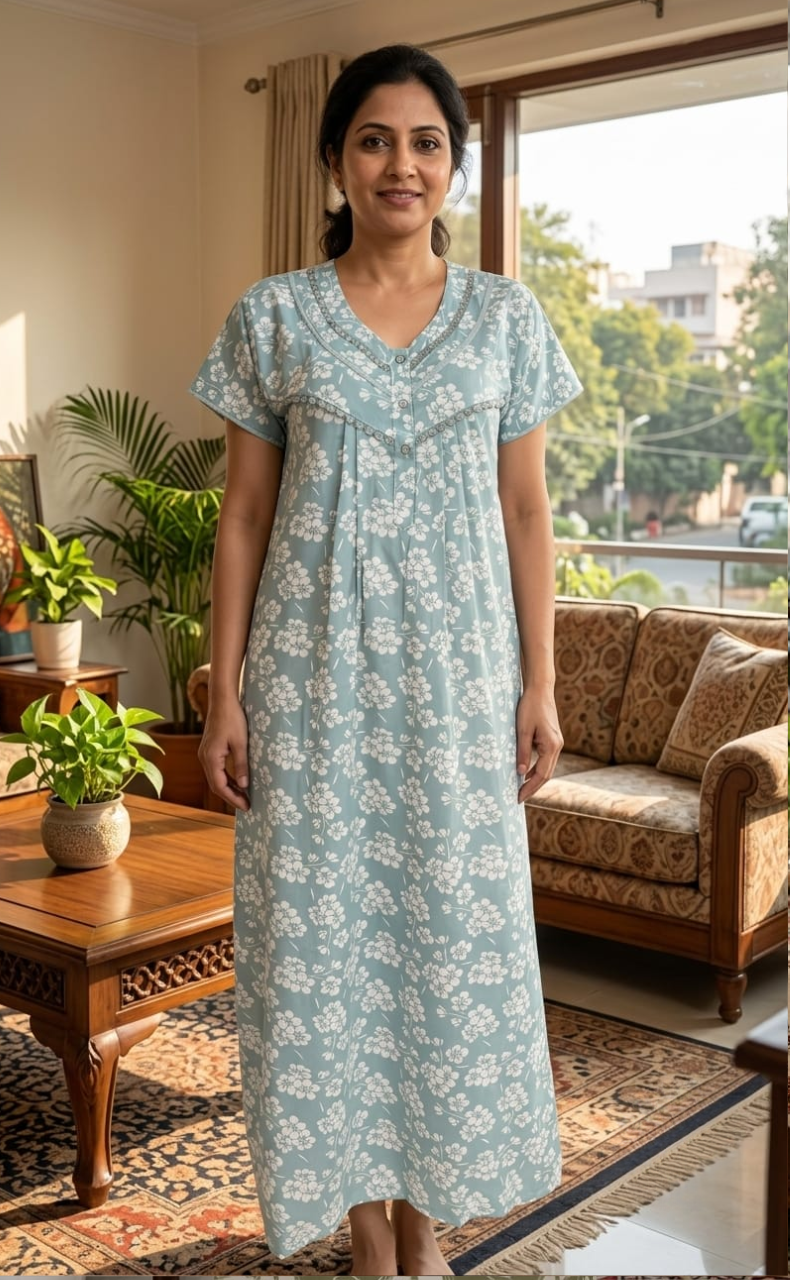 Light Grey Floral Soft Cotton Nighty. Soft Breathable Fabric | Laces and Frills