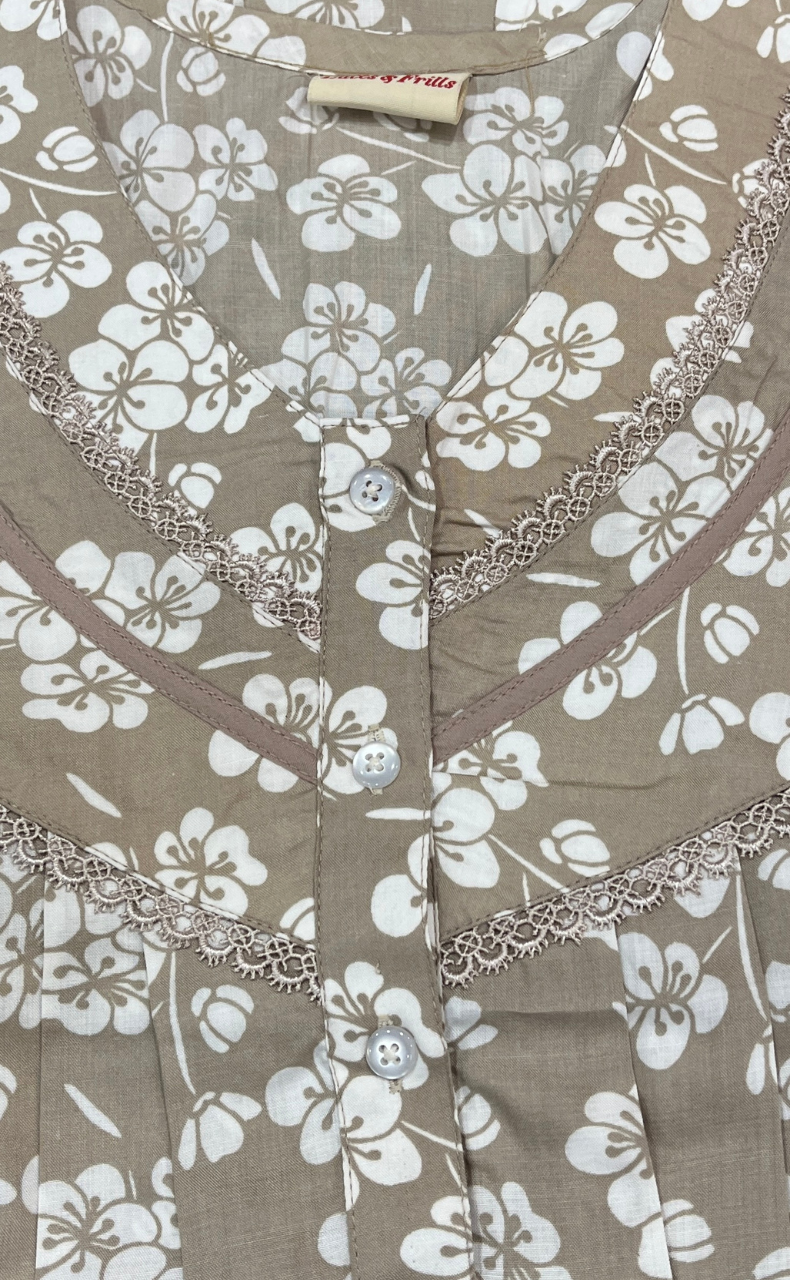 Beige Floral Soft Cotton Nighty. Soft Breathable Fabric | Laces and Frills - Laces and Frills
