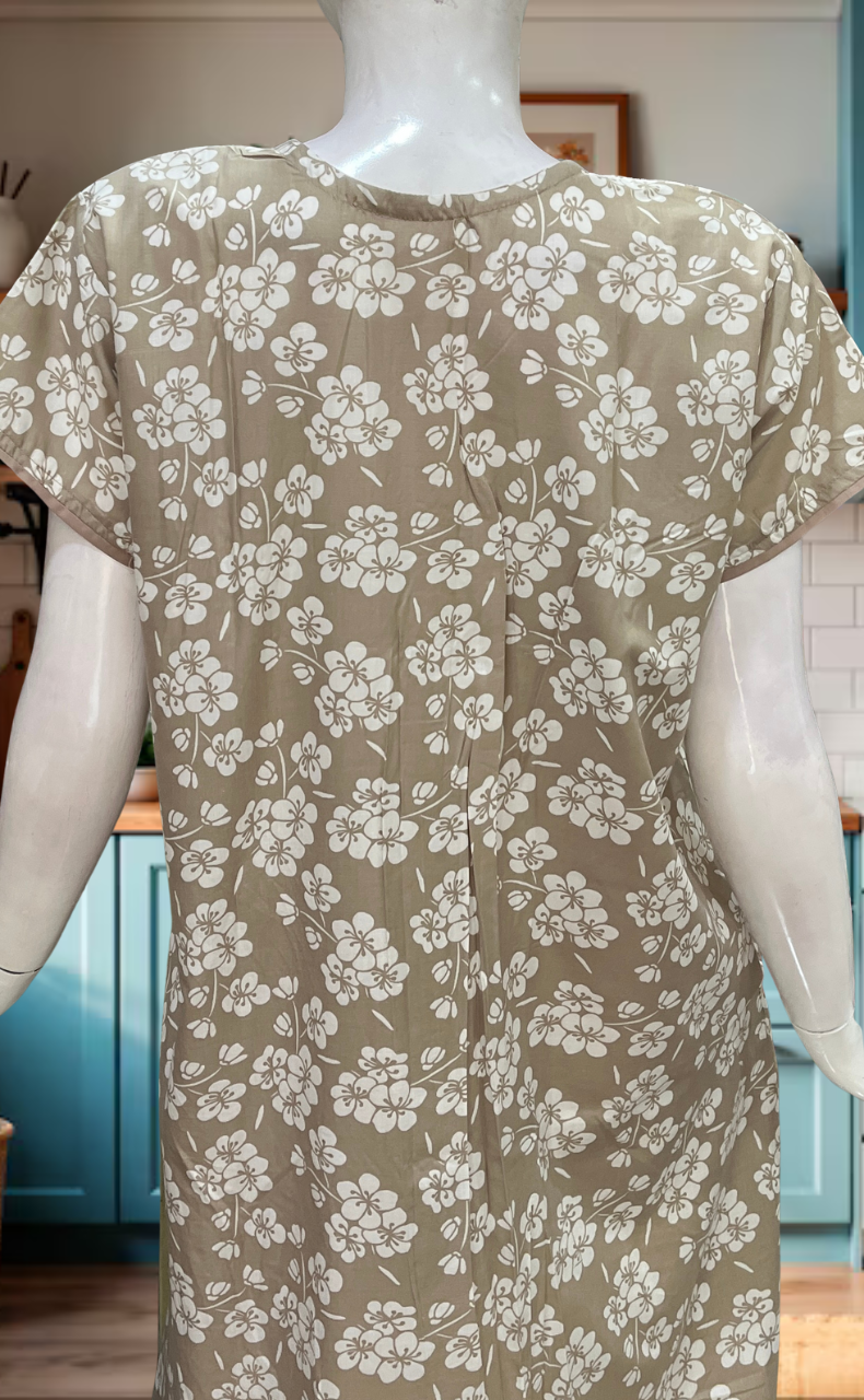 Beige Floral Soft Cotton Nighty. Soft Breathable Fabric | Laces and Frills - Laces and Frills