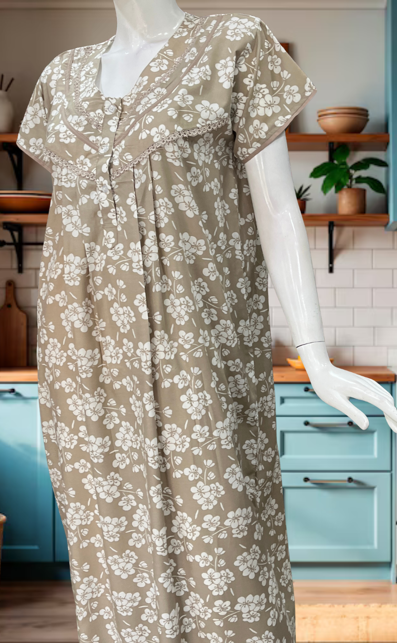 Beige Floral Soft Cotton Nighty. Soft Breathable Fabric | Laces and Frills - Laces and Frills