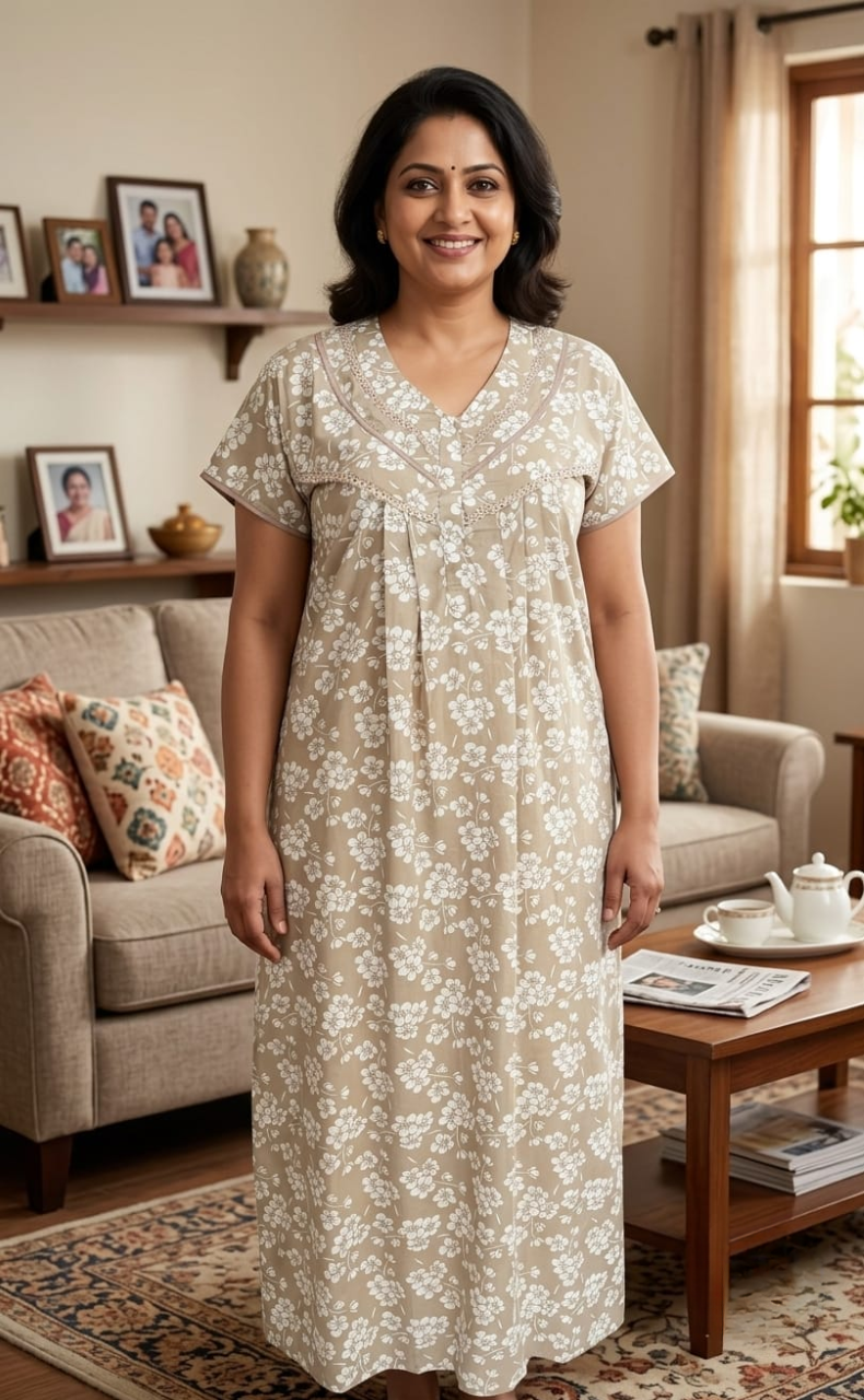 Beige Floral Soft Cotton Nighty. Soft Breathable Fabric | Laces and Frills