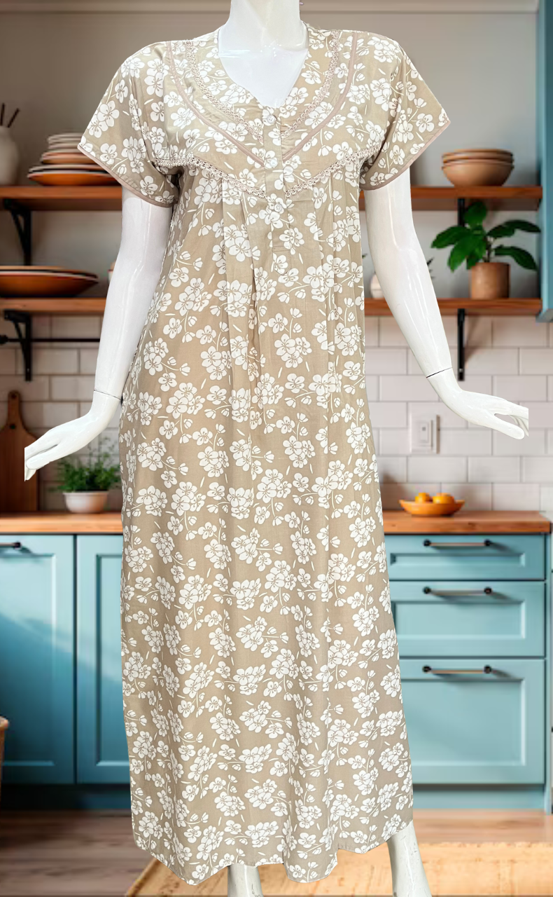 Beige Floral Soft Cotton Nighty. Soft Breathable Fabric | Laces and Frills - Laces and Frills
