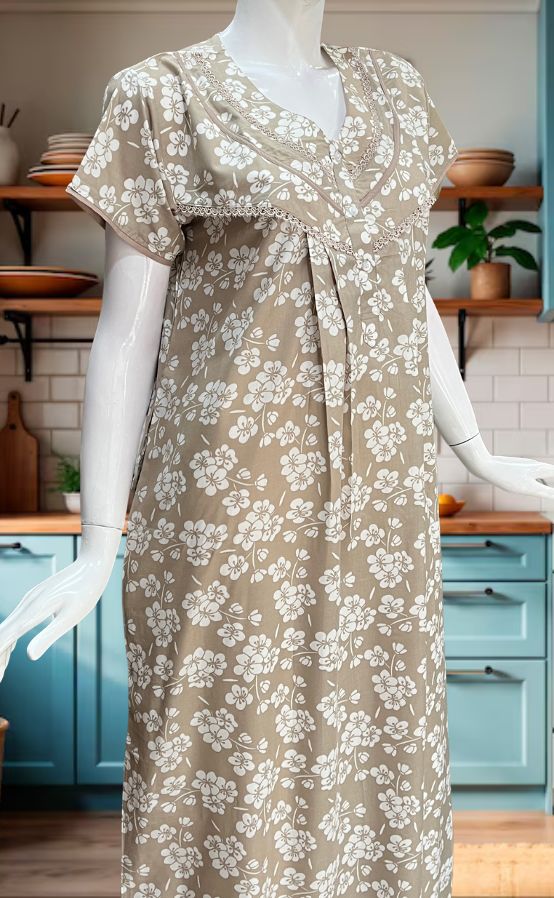 Beige Floral Soft Cotton Nighty. Soft Breathable Fabric | Laces and Frills - Laces and Frills