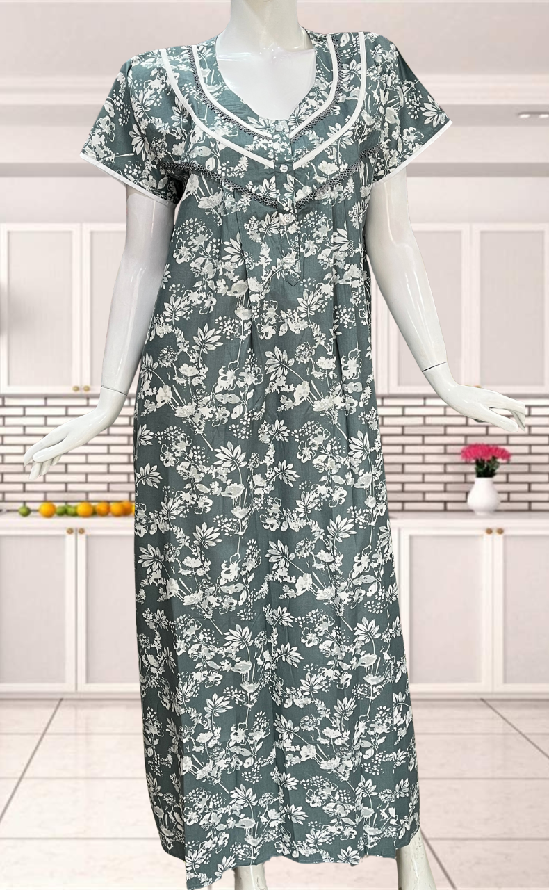 Light Green Garden Soft Cotton Nighty. Soft Breathable Fabric | Laces and Frills - Laces and Frills