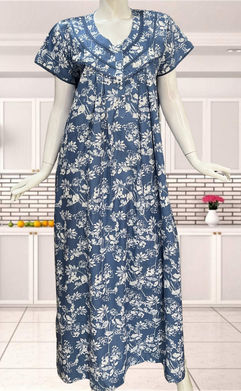 Light Blue Garden Soft Cotton Nighty. Soft Breathable Fabric | Laces and Frills - Laces and Frills