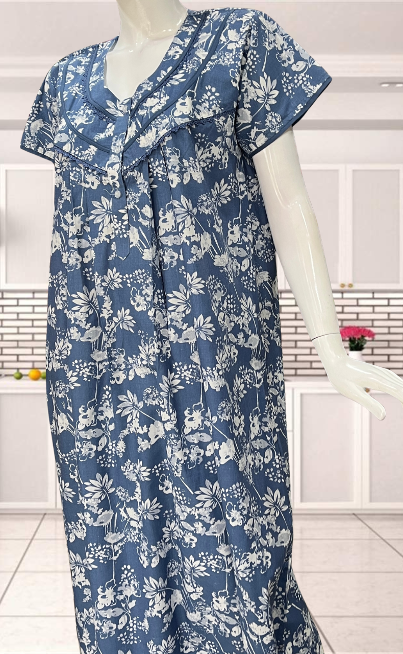 Light Blue Garden Soft Cotton Nighty. Soft Breathable Fabric | Laces and Frills - Laces and Frills