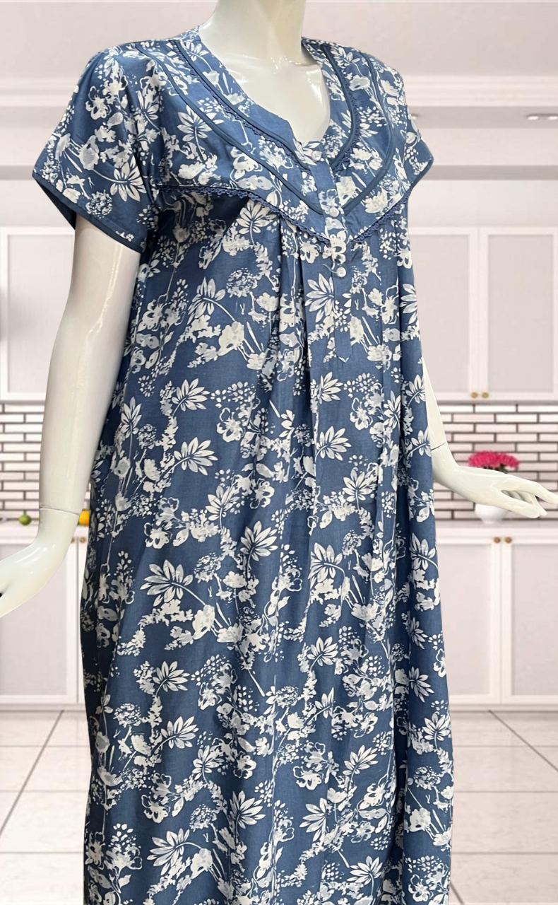 Light Blue Garden Soft Cotton Nighty. Soft Breathable Fabric | Laces and Frills - Laces and Frills