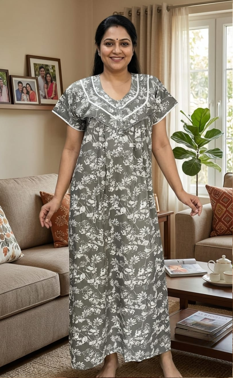 Beige Garden Soft Cotton Nighty. Soft Breathable Fabric | Laces and Frills