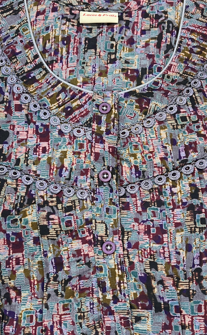 Blue Mosaic Print Soft Cotton Nighty. Soft Breathable Fabric | Laces and Frills - Laces and Frills