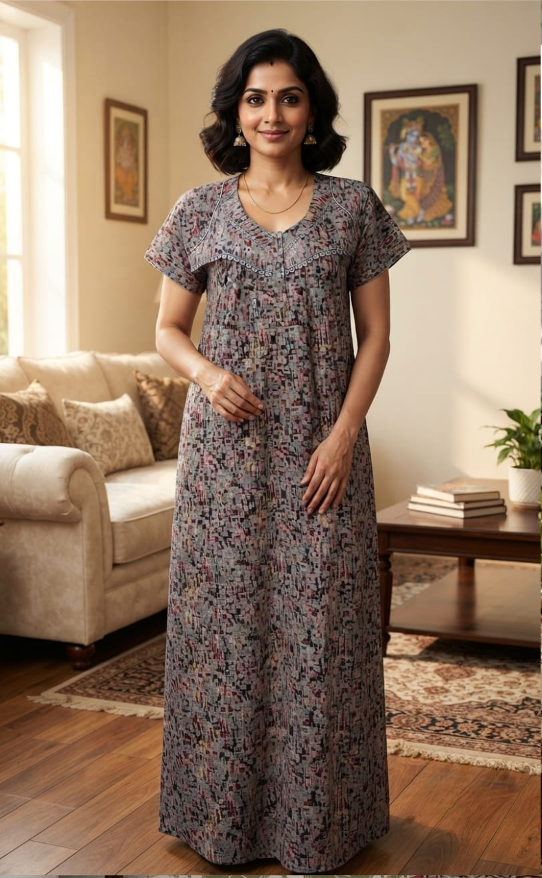Blue Mosaic Print Soft Cotton Nighty. Soft Breathable Fabric | Laces and Frills