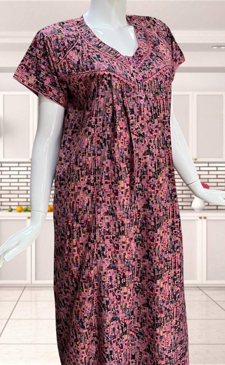 Pink Mosaic Print Soft Cotton Nighty. Soft Breathable Fabric | Laces and Frills - Laces and Frills