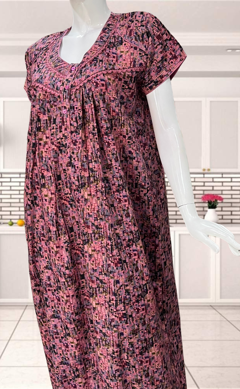 Pink Mosaic Print Soft Cotton Nighty. Soft Breathable Fabric | Laces and Frills - Laces and Frills