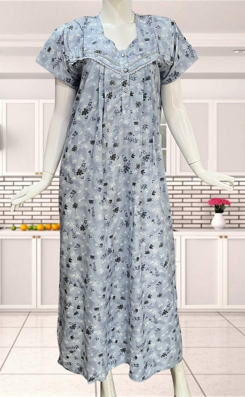 Light Blue Flora Soft Cotton Nighty. Soft Breathable Fabric | Laces and Frills - Laces and Frills