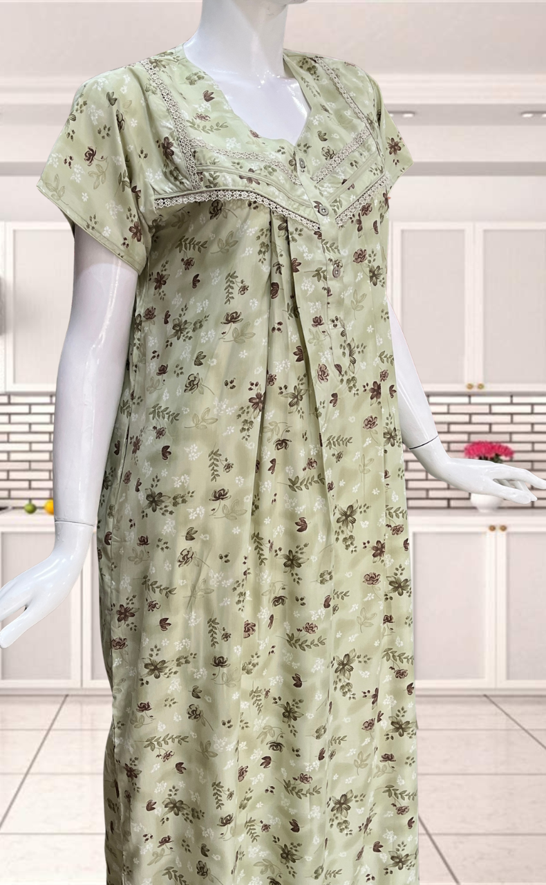 Pista Green Floral Soft Cotton Nighty. Soft Breathable Fabric | Laces and Frills - Laces and Frills