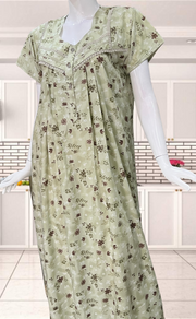 Pista Green Floral Soft Cotton Nighty. Soft Breathable Fabric | Laces and Frills - Laces and Frills