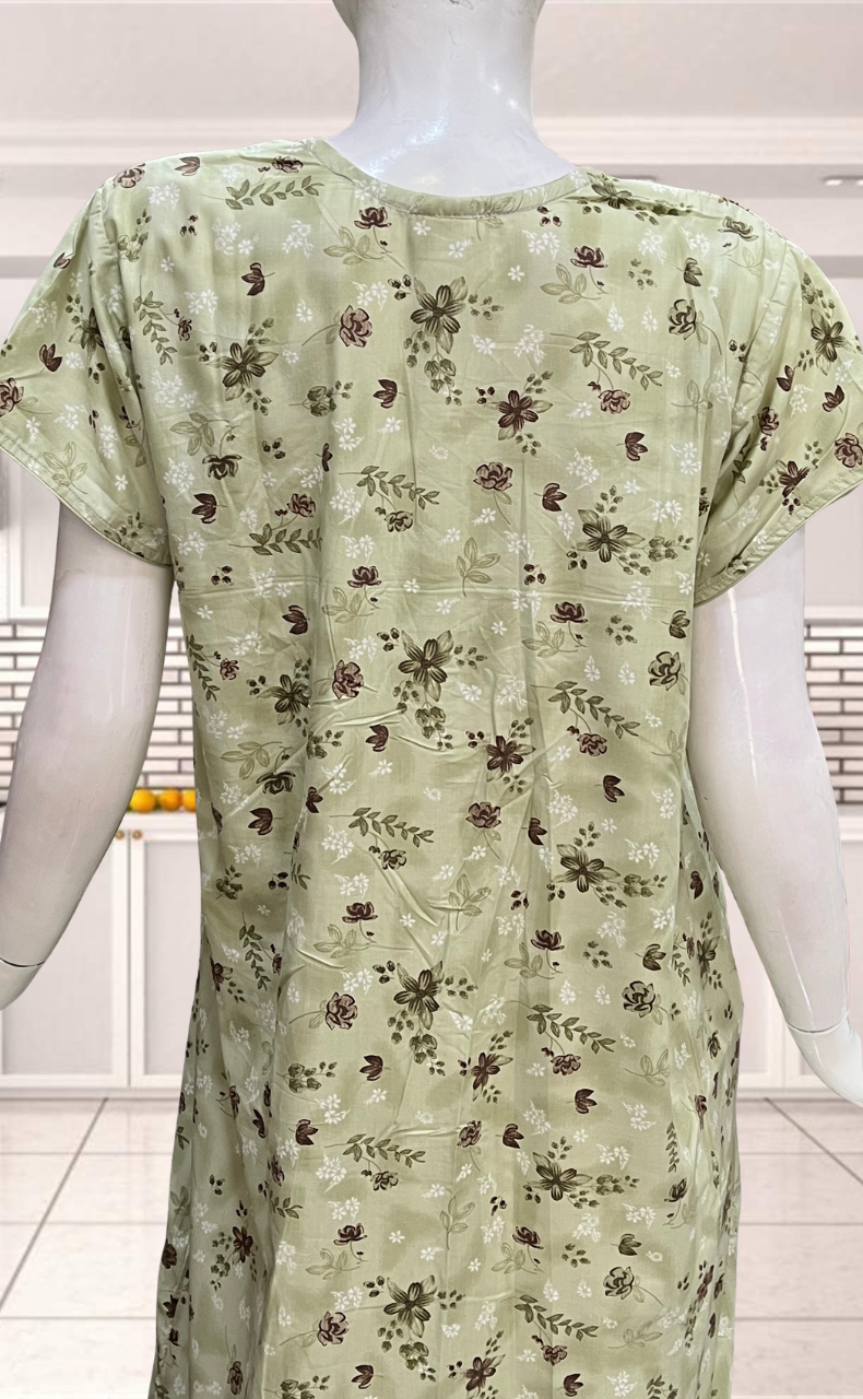 Pista Green Floral Soft Cotton Nighty. Soft Breathable Fabric | Laces and Frills - Laces and Frills