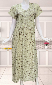 Pista Green Floral Soft Cotton Nighty. Soft Breathable Fabric | Laces and Frills - Laces and Frills