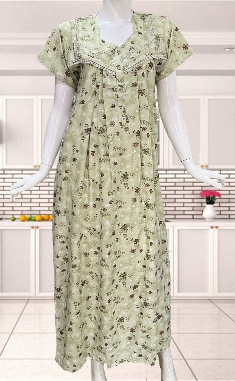 Pista Green Floral Soft Cotton Nighty. Soft Breathable Fabric | Laces and Frills - Laces and Frills