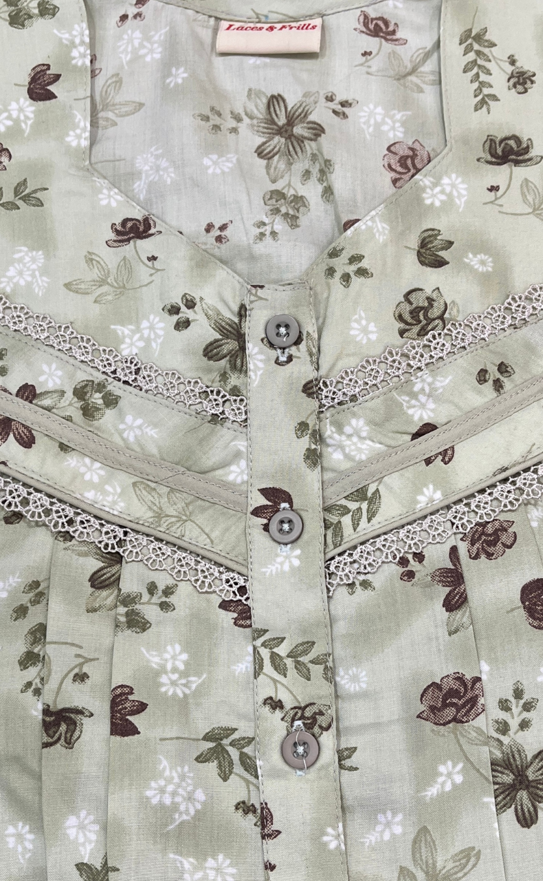 Pista Green Floral Soft Cotton Nighty. Soft Breathable Fabric | Laces and Frills - Laces and Frills