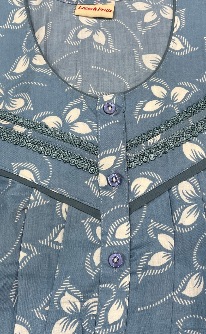 Light Blue Leafy Soft Cotton Nighty. Soft Breathable Fabric | Laces and Frills - Laces and Frills
