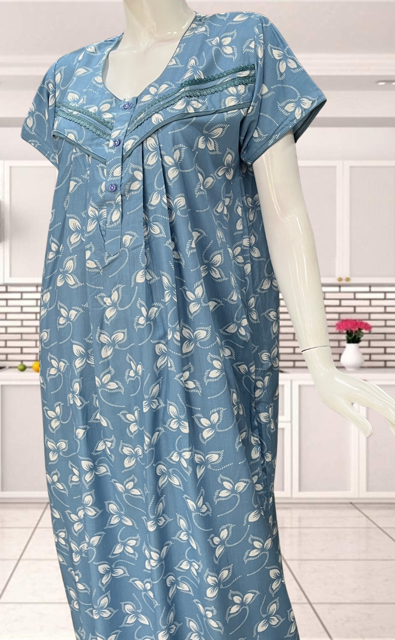 Light Blue Leafy Soft Cotton Nighty. Soft Breathable Fabric | Laces and Frills - Laces and Frills