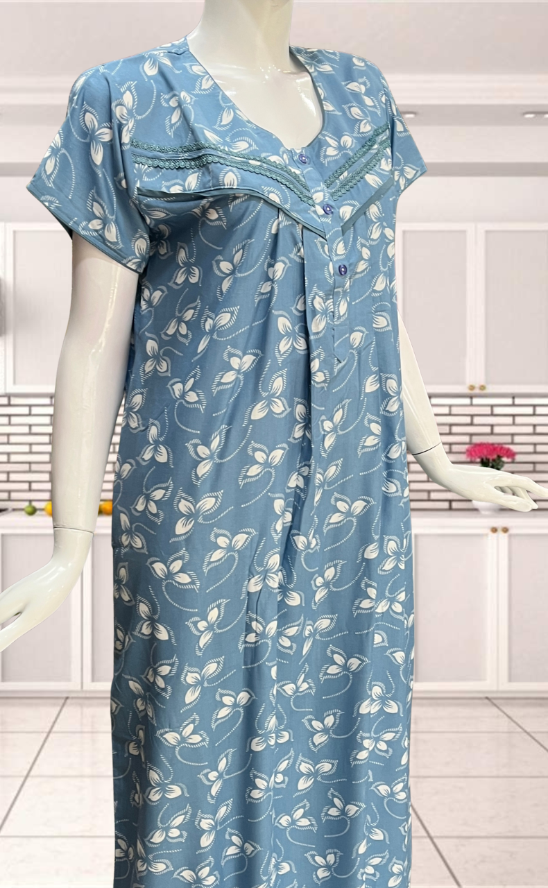 Light Blue Leafy Soft Cotton Nighty. Soft Breathable Fabric | Laces and Frills - Laces and Frills