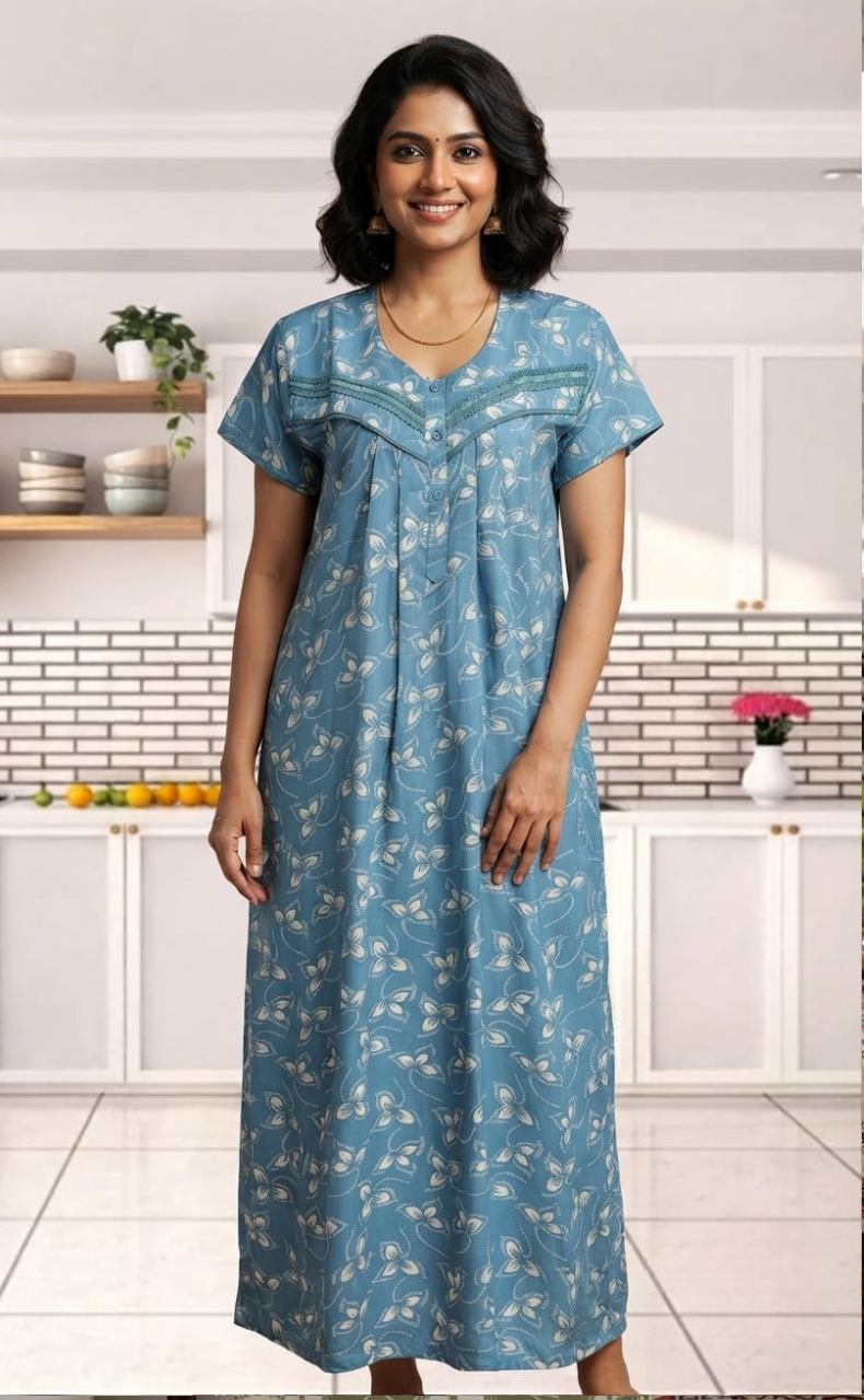 Light Blue Leafy Soft Cotton Nighty. Soft Breathable Fabric | Laces and Frills