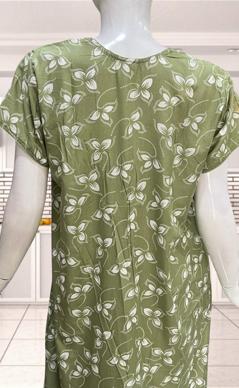 Pista Green Leafy Soft Cotton Nighty. Soft Breathable Fabric | Laces and Frills - Laces and Frills